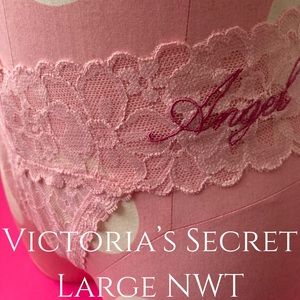 Victoria’s Secret Thong Angel Word Script Pink Lace Panty Size Large gift Y2K